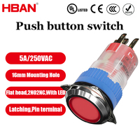 Interrupteur à bouton-poussoir en plastique HBAN 16 mm entièrement éclairé par LED, étanche IP67, 1NO1NC 5A 12V, tête plate, interrupteur mécanique industriel
