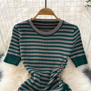 Automne 2022 femmes vêtements <span class=keywords><strong>Chic</strong></span> col rond plissé rayé <span class=keywords><strong>robe</strong></span> robes en soie femmes dames élégante longue <span class=keywords><strong>robe</strong></span> tricotée - Product Image 2