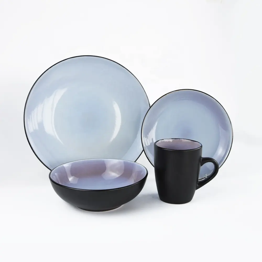 OEM Keramik reaktives glasiertes Geschirr-Set hellviolett schwarzes Steingut Geschirr
