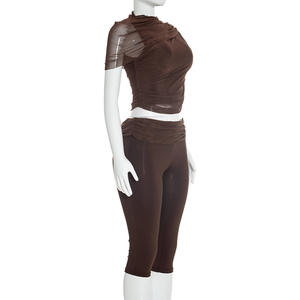 Viviblook J26ST024 Ensemble deux pièces pour femme : Gilet d'été en maille à manches irrégulières et plissées, et pantalon court taille haute - Product Image 4