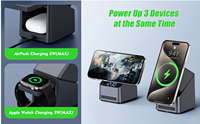 Multifunctionele 15W opvouwbare draadloze telefoonoplader 3-in-1 oplaadstation met klok voor iPhone, Apple Watch, AirPods en Samsung telefoons