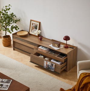 Meuble TV moderne pour salon, grand rangement, design à 4 tiroirs, verre trempé, ports de charge intégrés, éclairage LED ambiant, compatible avec les téléviseurs de 75 pouces et plus - Product Image 2