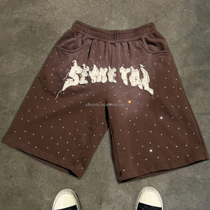 QIANSHI Vintage Acid Wash Designer Sports Shorts Baggy Men Summer Shorts Custom Jogger Streetwear Rhinestone Cotton Shorts Men - Product Image 1