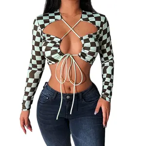 Custom Checked Printing Women Sexy Drawstring Tie Crop Top Shirt