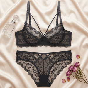 Conjunto de sujetador con aros y bragas de encaje negro, lencería romántica transparente para mujer, conjunto de lencería transpirable de talla grande para mujer - Product Image 1