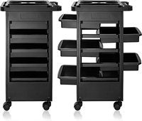 Chariot de coiffure moderne en plastique noir à 5 niveaux et 4 roues, avec vérin pneumatique, support pour bol de teinture et fonctions d'organisation, pour usage en salon
