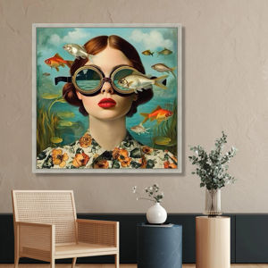 Quadro su Tela con Donna che Vede Pesci Sottoacquei con Occhiali, <span class=keywords><strong>Arte</strong></span> Murale Fantastica Subacquea, Moderno <span class=keywords><strong>Surrealismo</strong></span> - Product Image 3
