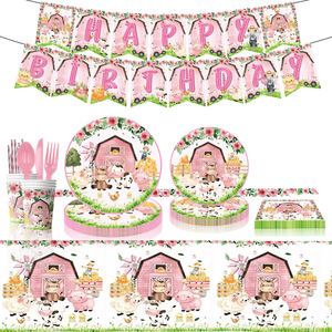 Assiettes, serviettes, gobelets, nappes, couverts et pailles en papier Rose Ferme Fermeuse pour la fête d'anniversaire de Baa Moo Im Two et la fête prénatale - Product Image 1