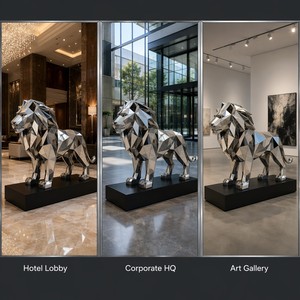 Sculpture de <span class=keywords><strong>lion</strong></span> géométrique moderne en acier inoxydable, poli miroir, grande statue de <span class=keywords><strong>lion</strong></span> en métal pour la décoration paysagère extérieure du jardin - Product Image 4