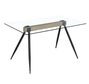clear tempered glass top fix table black metal painting dining table for living room furniture