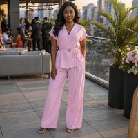 Ensemble élégant deux pièces pour femme : haut sans manches col en V avec ceinture et pantalon large, chic et décontracté pour le bureau, couleur unie