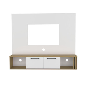 Vance 56 Inch Wide <b>Floating</b> Entertainment Center With Two Cabinets Four Shelves Cable Management Natural Oak White - Product Image 6