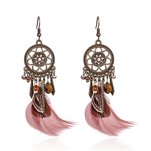 Cuentas gota atrapasueños mujeres pluma pendientes cadena borla madera Boho elegante chica declaración Rosa hecho a mano Aleación de Zinc 2 pares