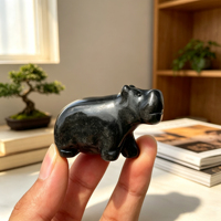 Figurine d'hippopotame en obsidienne argentée naturelle sculptée à la main, artisanat en pierre précieuse, décoration de table pour la maison, cadeau