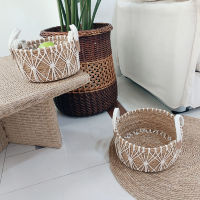 Panier de rangement de cuisine en jonc de mer naturel Paniers en jonc de mer de forme ronde Panier de rangement décoratif en corde de coton