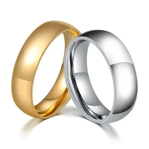 Atacado casal anéis de dedo de ouro-Anel do dedo do casal do aço inoxidável banhado a ouro 18k, minimalismo da fábrica, 6mm