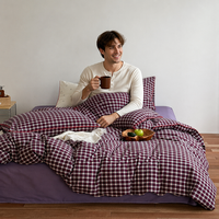 Parure de lit 100% coton lavé, motif écossais rouge bordeaux rétro, housse de couette avec passepoil, drap-housse doux et respirant + taies d'oreiller, 4 pièces
