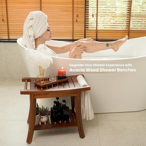 Banc de douche en bois massif avec étagère de rangement, siège de salle de bain imperméable, tabouret de douche pour la maison, 50,8x34,3x44,5 cm - Product Image 1