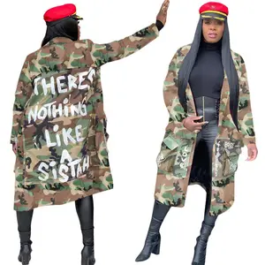 Fashion Long Sleeve Loose Camouflage Coat Plus Size Letter Printed Cool Women Long Jacket Outerwear