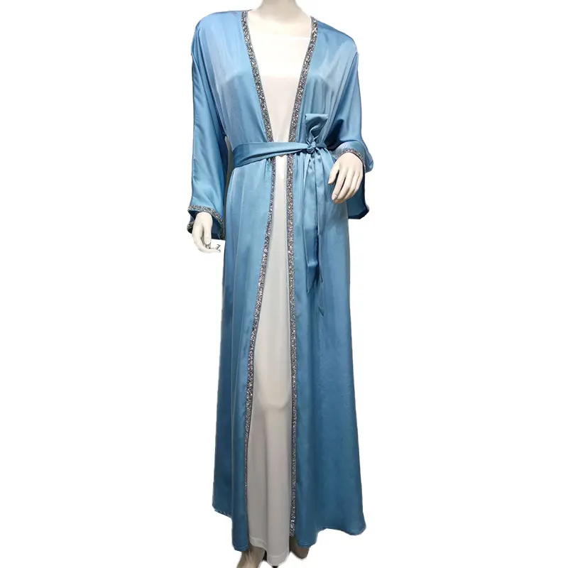 2024 Designs Eid Dubai Islamic Elegant Modest Abaya Women Muslim Dress Inner Slip Dress Set Diamond Satin Silk Open Abaya