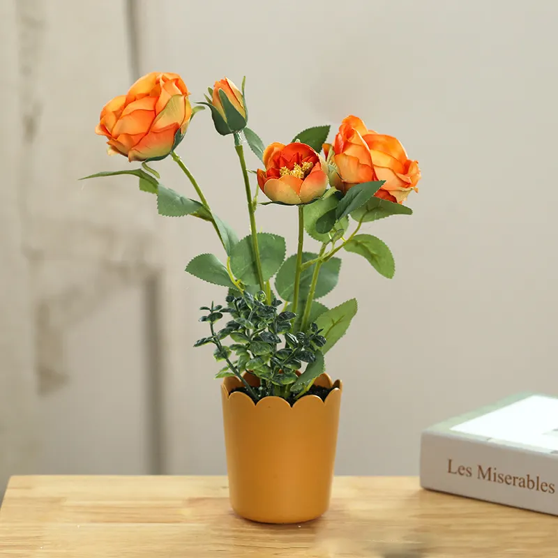 Indoor Plastic Decor Artificial Rose Bonsai Rose Flower Tree In Pot