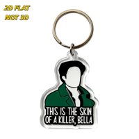 Porte-clés en acrylique Bella Quote « Skin of a Killer » avec silhouette, veste verte et texte gras – Accessoire fantaisie pour clés et sacs