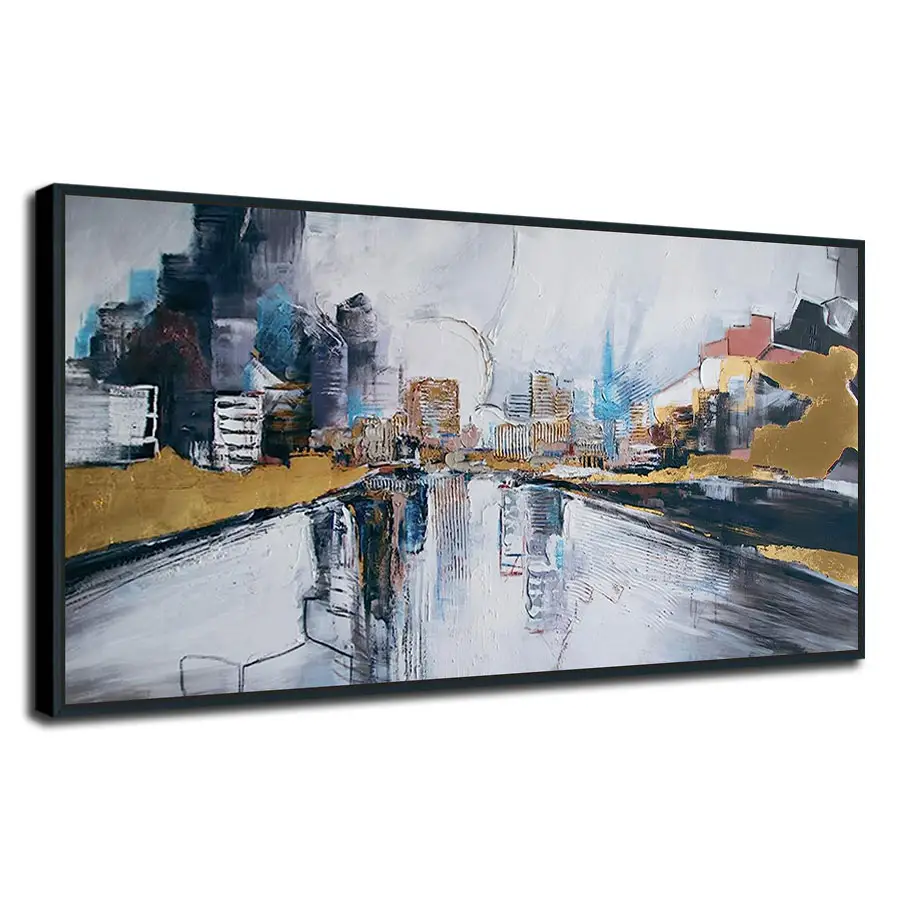 Originele Kunst Moderne 100% Handgemaakte Abstracte Shuimo Stadsbeeld Canvas Muurkunst Goud Folie Handgemaakte Schilderij Woonkamer Interieur