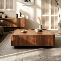 Table basse en noyer de style moderne du milieu du siècle, structure en bois, base en métal, design minimaliste, table de salon carrée, fonctionnelle