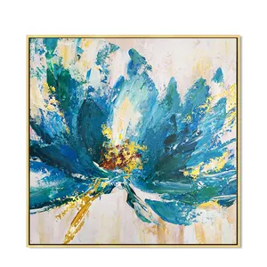 Arte original pintados à mão azul flor decoração pintura a óleo sobre tela para decoração moderna abstrata faca flor grande pintura de parede