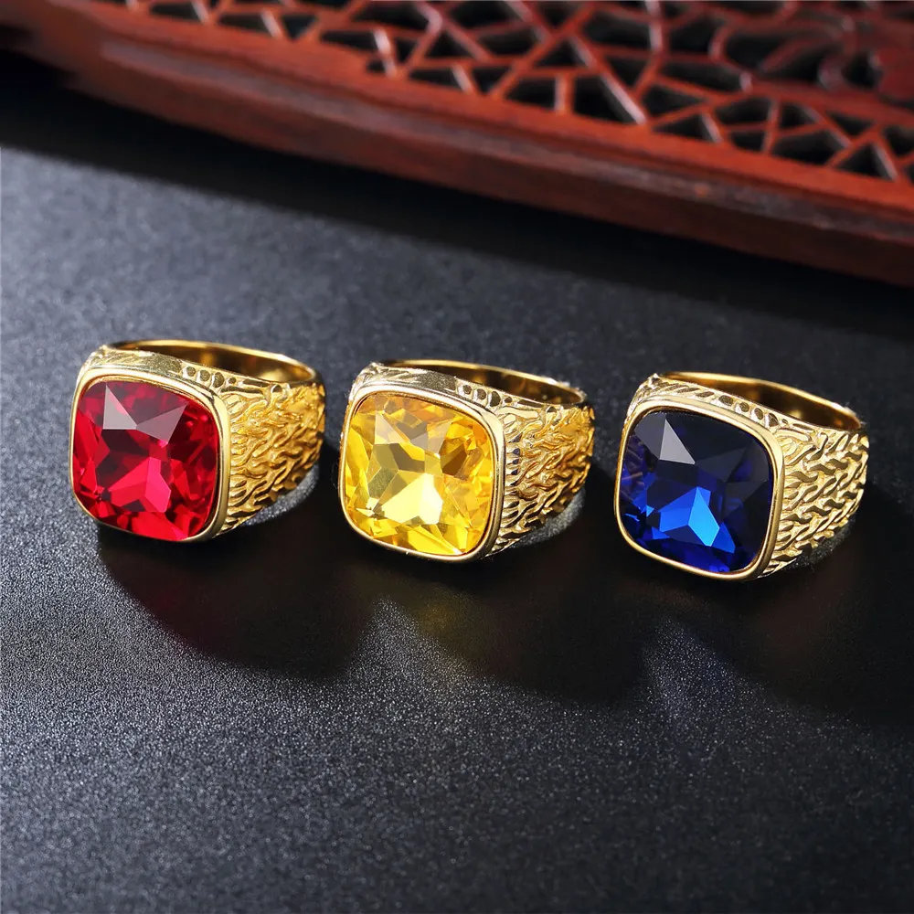 316l fashion Men's Gold Silver Simple Classic ZIRCON Square Gemstone Stainless Steel Rings