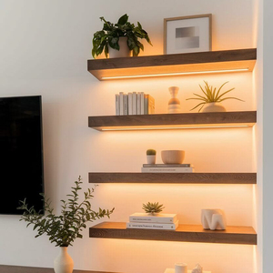 Étagère TV <span class=keywords><strong>flottante</strong></span> en <span class=keywords><strong>bois</strong></span> foncé, style rustique, éclairage chaleureux, décoration en <span class=keywords><strong>bois</strong></span>, grand rangement, banc TV avec supports métalliques - Product Image 1