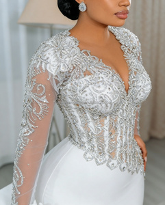 <span class=keywords><strong>Robe</strong></span> <span class=keywords><strong>de</strong></span> mariée personnalisée, nouveau style, <span class=keywords><strong>luxe</strong></span>, <span class=keywords><strong>blanche</strong></span>, à paillettes, longueur genoux, col en V profond, dentelle, manches longues, satin - Product Image 4