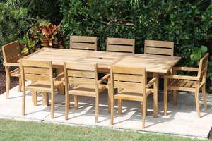 Table de salle à manger extensible Factory Garden avec chaises empilables, en teck massif, ensemble de meubles de salle à manger d'extérieur - Product Image 1