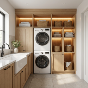 Armoire de buanderie intégrée de luxe Pavone, armoire moderne minimaliste sur mesure pour lave-linge et sèche-linge - Product Image 2