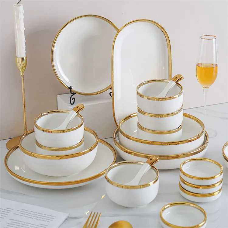 Marka yeni tasarım restoran ev lüks avrupa altın jant porselen yemek takımı