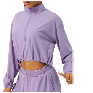Women's Lavender Half-<b>Zip</b> Crop <b>Top</b> Full Sleeve Loose Fit Quick Dry Yoga Shirt Solid Color Sportswear - Product Image 1