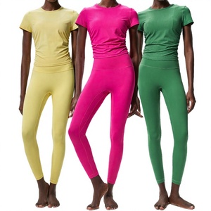 Women Solid Elastic Waist <b>Tight</b> Fitting Sports Running Short Sleeved Fitness Yoga Suit Set - Product Image 2