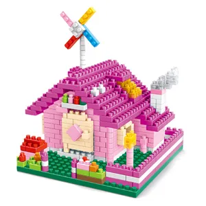 Educatief Speelgoed Miniatuur Bouwstenen Diamant Deeltjes Roze Huis 374Pcs Bouw Building Speelgoed Windmolen Schuur Voor Meisjes