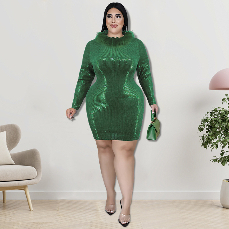 BH821 Fall/Autumn Polyester Bodycon O-Neck Natural Waist Knee-Length Sequin  Casual Party Dress for Plus Size Women| Alibaba.com
