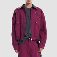 Veste de travail vintage en coton magenta avec col en cuir, coupe oversize, style streetwear, fermeture éclair, veste bomber utilitaire pour homme