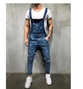 New Fashion Stylish Men Designer Jumpers Stretch Jeans Jump Suit Suspenders Jumpsuit Worn-out Overalls Jeans Trousers For Sale