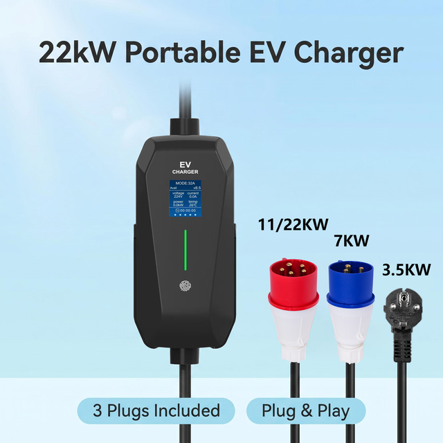 22kW 3-Phase Portable EV Charger with Type 2, LED or 1.8" Screen, 3 Interchangeable Plugs, IP65, TPU, CE/TUKCA EV Charger