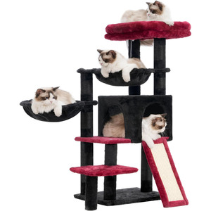Gotico albero di gatto torre con 2 cestini grande piattaforma gratta e vinci per gatti interni nero rosso condominio - Product Image 1