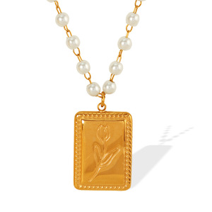 Tulip Flower Necklace Imitation Pearl Clavicle Chain 18K Gold Plated <b>Titanium</b> Steel Women's Jewelry Gift - Product Image 5
