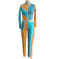 Jumpsuit Asimetris Berumbai Payet Turquoise & Oranye - Kostum Tari Ballroom Latin Profesional untuk Wanita Pertunjukan Panggung