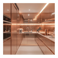 Armoire de cuisine moderne de luxe en aluminium rose doré à finition brillante pour hôtel