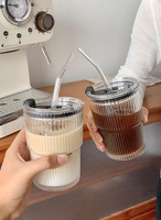 Tasse à café en verre à rayures simples avec couvercle et paille tasse à thé à bulles transparente tasse à jus verre à lait moka tasse à petit déjeuner 450ml
