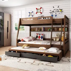 Vendita calda letti in legno doppia doppia moderna camera da letto per bambini letto a castello con scivolo e scale letto a soppalco per 3 bambini