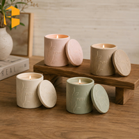 Pot à bougie en céramique minimaliste FUBEI LIVING avec motif de feuille en relief, couvercle assorti en relief, porcelaine beige mate, bougie parfumée à la cire de soja