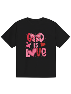 T-shirt da donna God Is Love, vestibilità regolare, girocollo, manica corta, design con cuori e fiocco rosa, stile casual, 100% cotone - Product Image 1